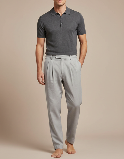 Pantalon À Pince Gris Clair Plissé Droit Coton Homme - Lin