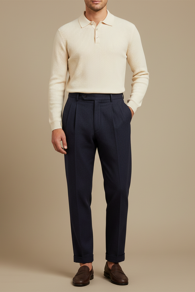 Pantalon À Pince Bleu Marine Plissé Droit Élégant - Laine
