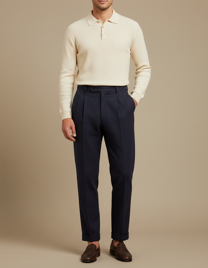 Pantalon À Pince Bleu Marine Plissé Droit Élégant - Laine
