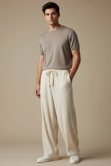 Pantalon À Pince Beige Côtelé Ample Fluide Homme - Cordé