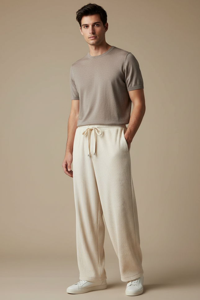 Pantalon À Pince Beige Côtelé Ample Fluide Homme - Cordé