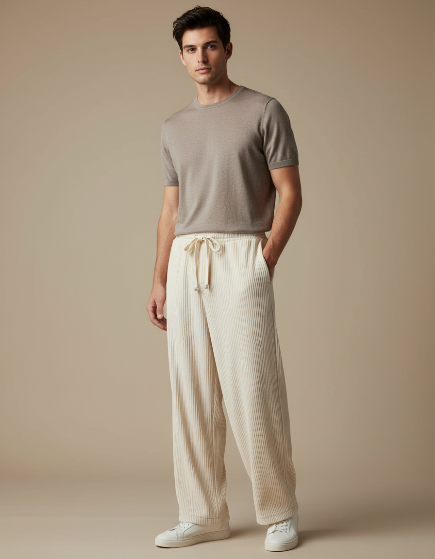 Pantalon À Pince Beige Côtelé Ample Fluide Homme - Cordé