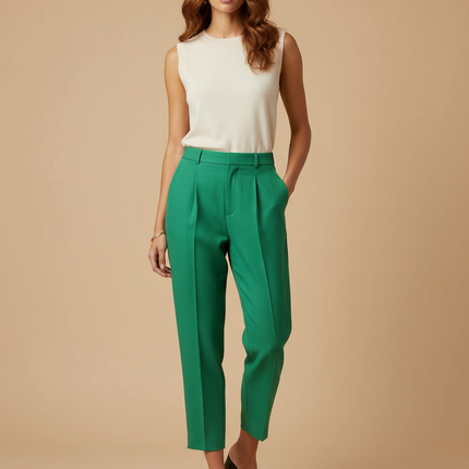 Pantalon À Pince Vert Émeraude Plissé Droit Élégant - Polyester