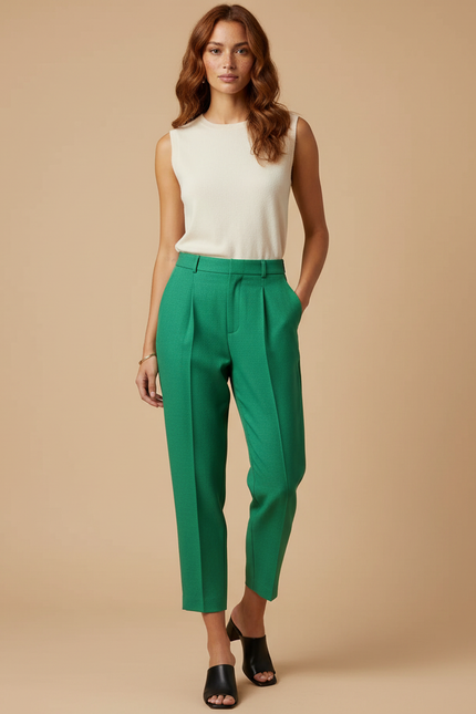 Pantalon À Pince Vert Émeraude Plissé Droit Élégant - Polyester