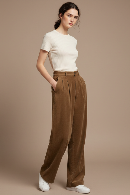 Pantalon À Pince Marron Côtelé Ample Décontracté Femme - Cordé