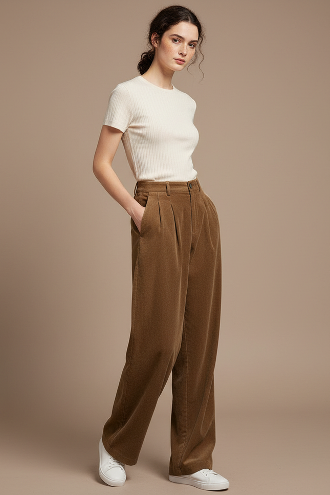 Pantalon À Pince Marron Côtelé Ample Décontracté Femme - Cordé