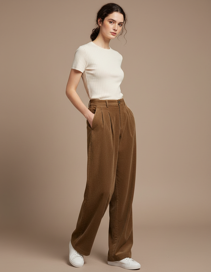 Pantalon À Pince Marron Côtelé Ample Décontracté Femme - Cordé