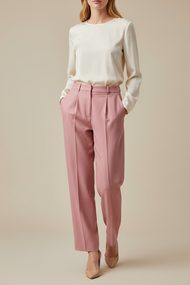 Pantalon À Pince Rose Plissé Droit Élégant Femme - Gabardine