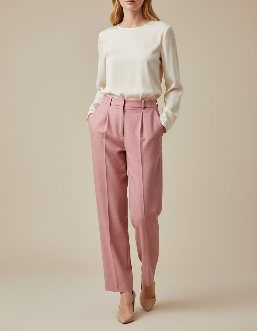 Pantalon À Pince Rose Plissé Droit Élégant Femme - Gabardine