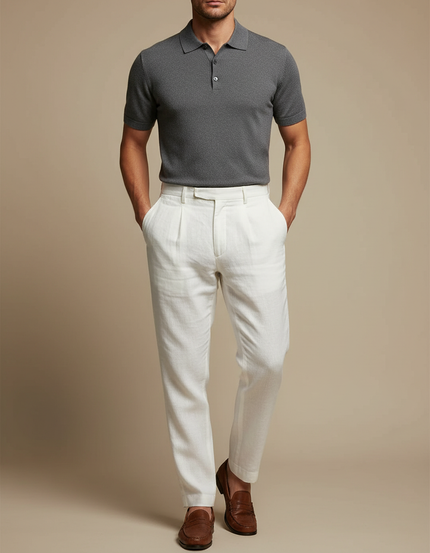Pantalon À Pince Blanc Lin Plissé Droit Élégant Homme