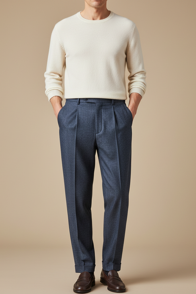 Pantalon À Pince Bleu Marine Plissé Élégant Motif - Laine