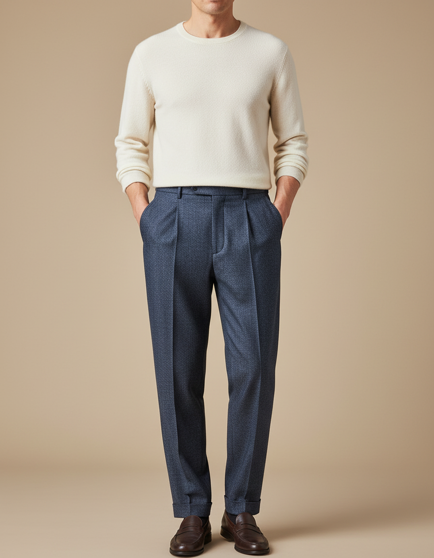 Pantalon À Pince Bleu Marine Plissé Élégant Motif - Laine