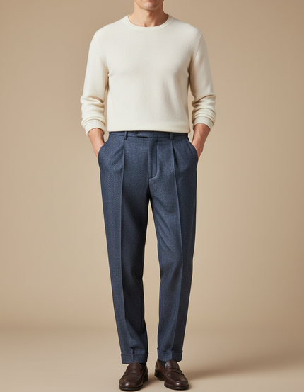 Pantalon À Pince Bleu Marine Plissé Élégant Motif - Laine