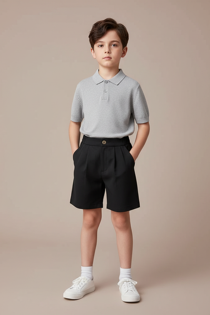 Pantalon À Pince Noir Plissé Court Garçon Élégant - Polyester