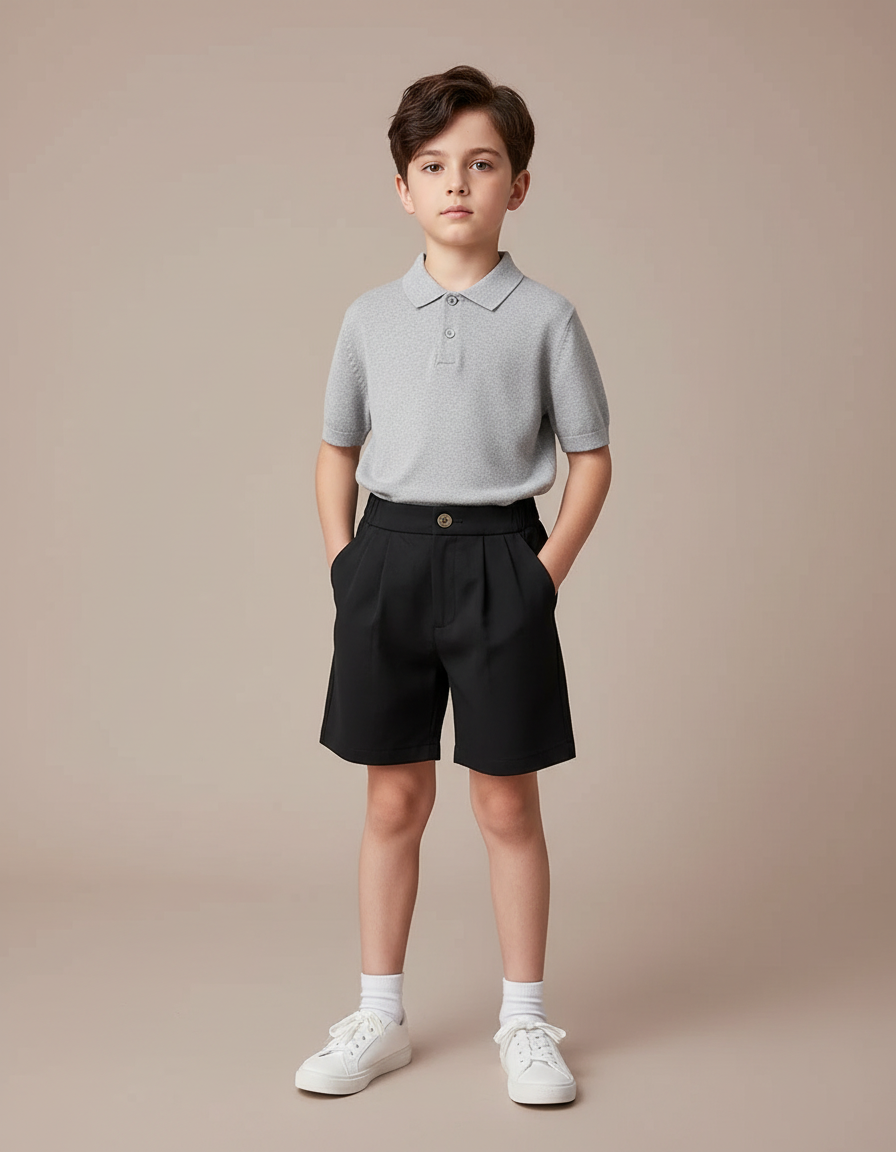 Pantalon À Pince Noir Plissé Court Garçon Élégant - Polyester