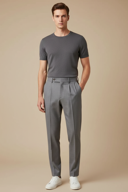 Pantalon À Pince Gris Élégant Plissé Homme Décontracté - Laine