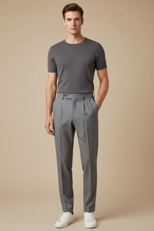Pantalon À Pince Gris Élégant Plissé Homme Décontracté - Laine