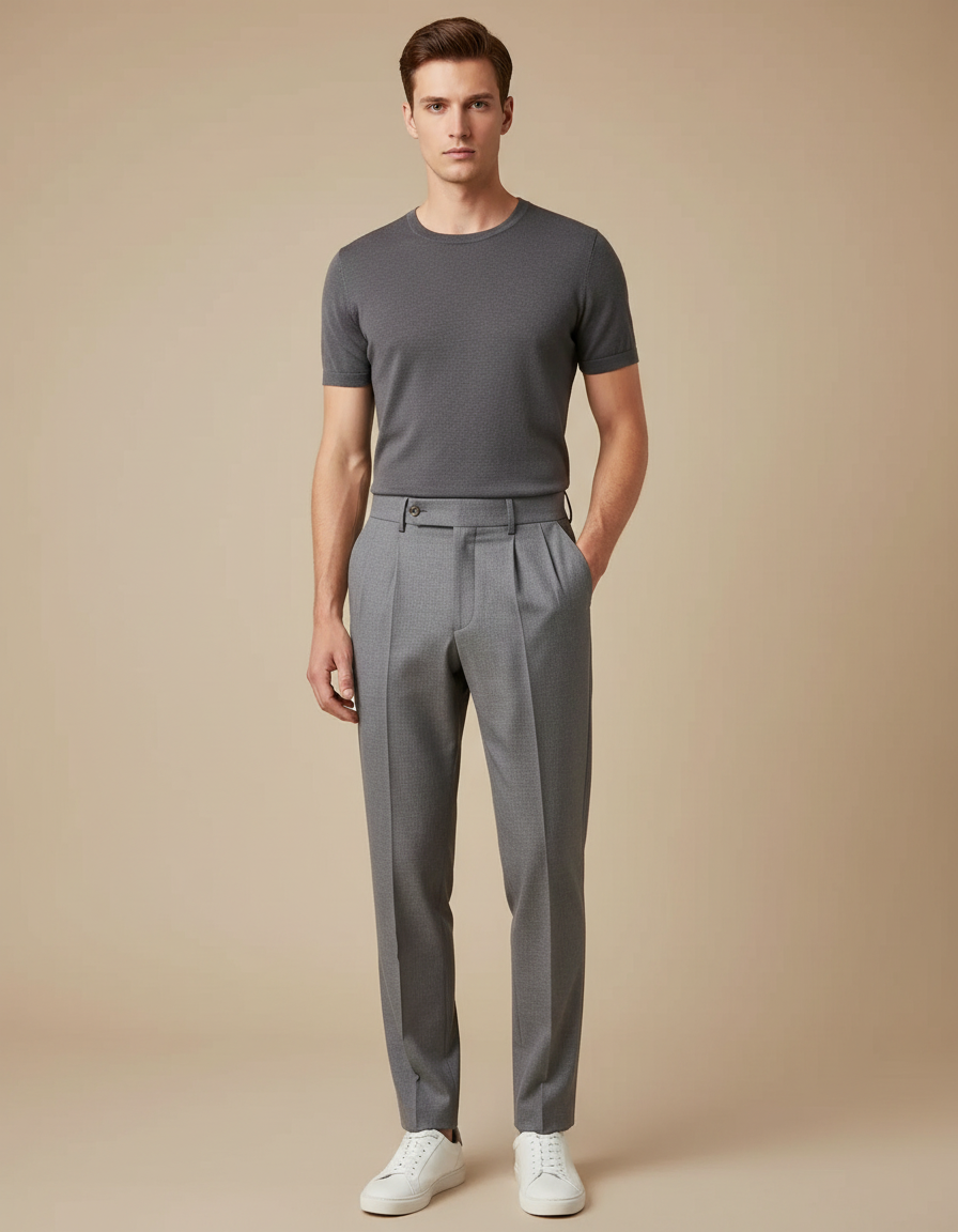 Pantalon À Pince Gris Élégant Plissé Homme Décontracté - Laine
