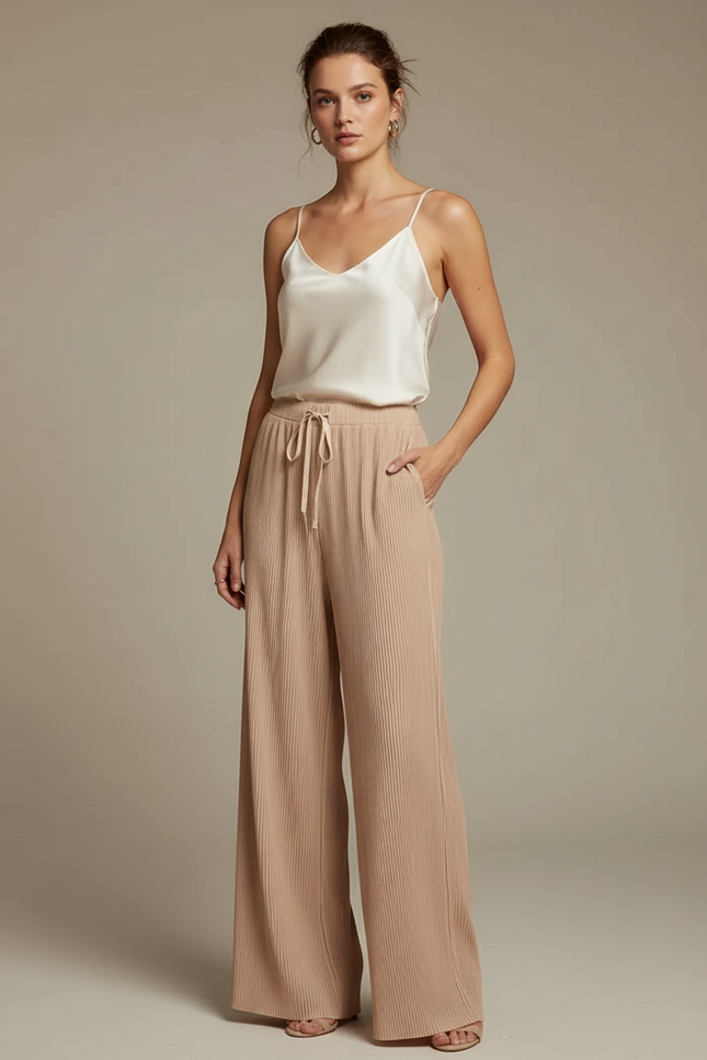 Pantalon À Pince Plissé Fluide Beige Ample Côtelé - Cordé