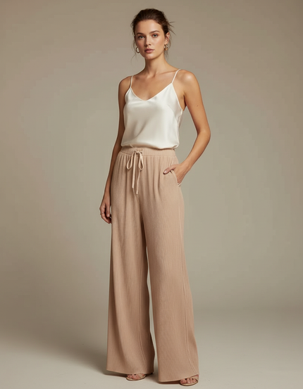 Pantalon À Pince Plissé Fluide Beige Ample Côtelé - Cordé