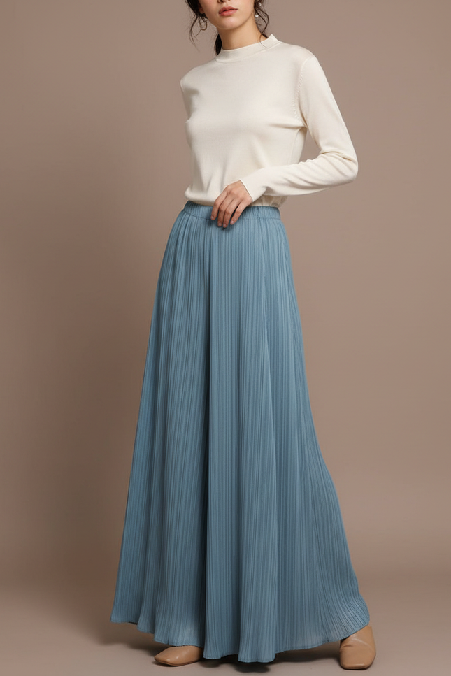 Pantalon À Pince Plissé Fluide Ample Bleu - Polyester