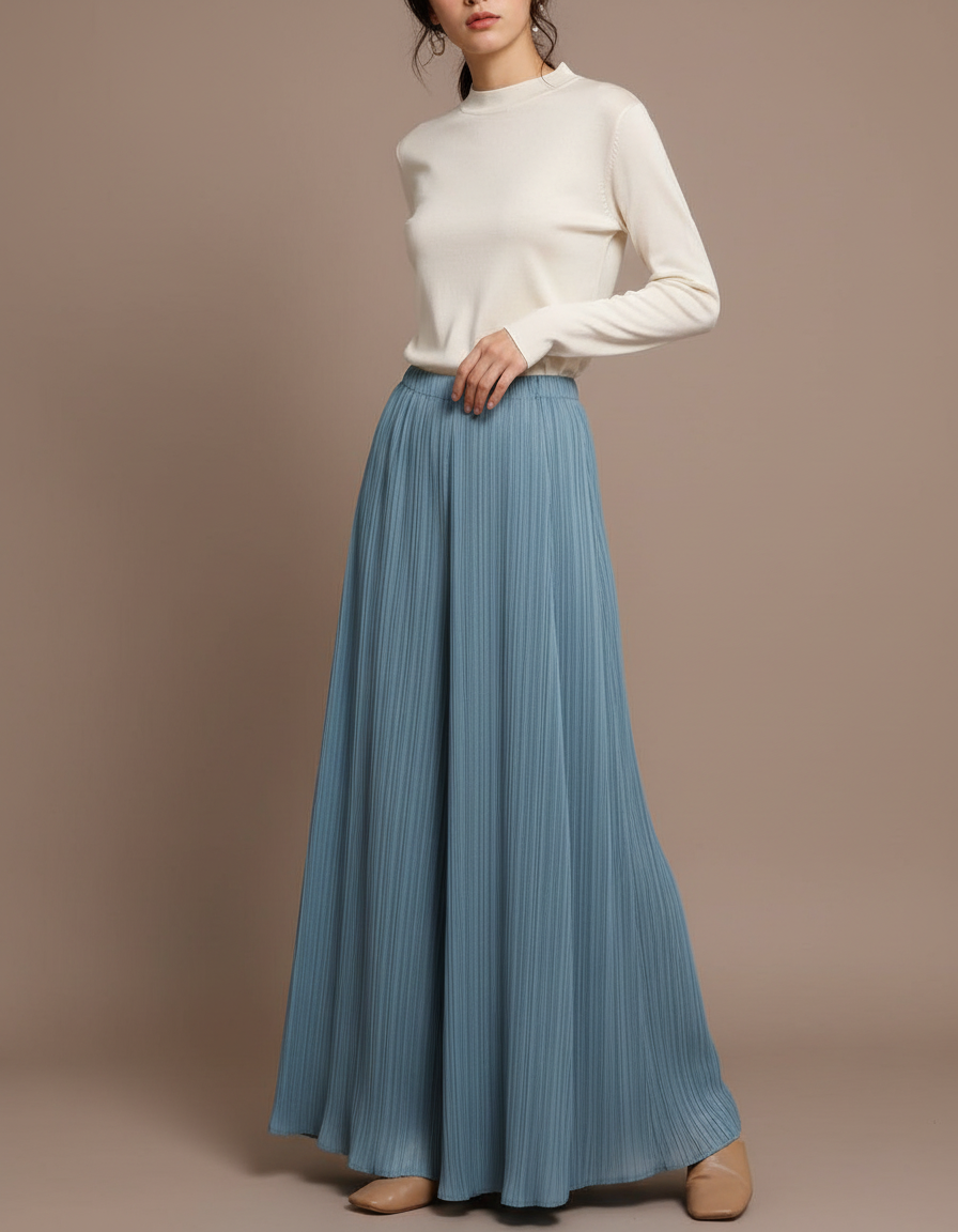 Pantalon À Pince Plissé Fluide Ample Bleu - Polyester