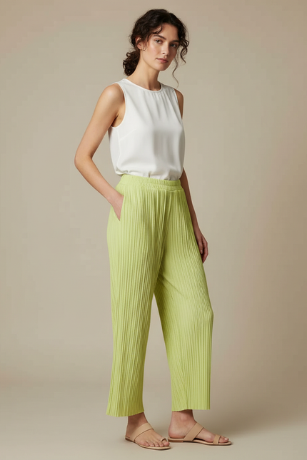 Pantalon À Pince Plissé Vert Ample Fluide Décontracté - Polyester