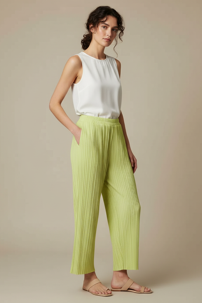 Pantalon À Pince Plissé Vert Ample Fluide Décontracté - Polyester