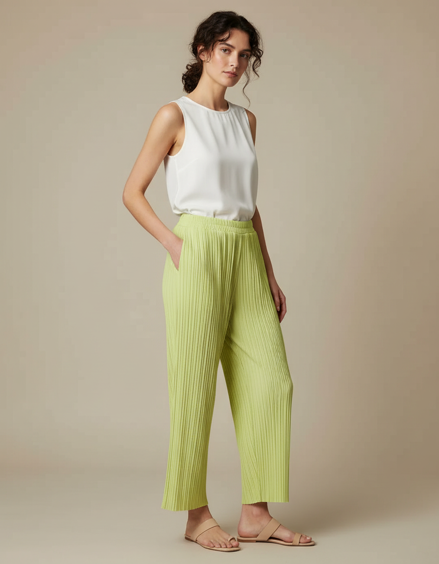 Pantalon À Pince Plissé Vert Ample Fluide Décontracté - Polyester