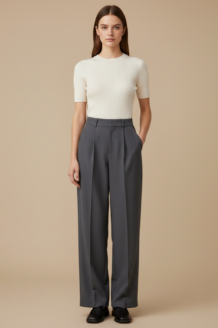 Pantalon À Pince Gris Anthracite Ample Plissé Fluide Femme - Gabardine