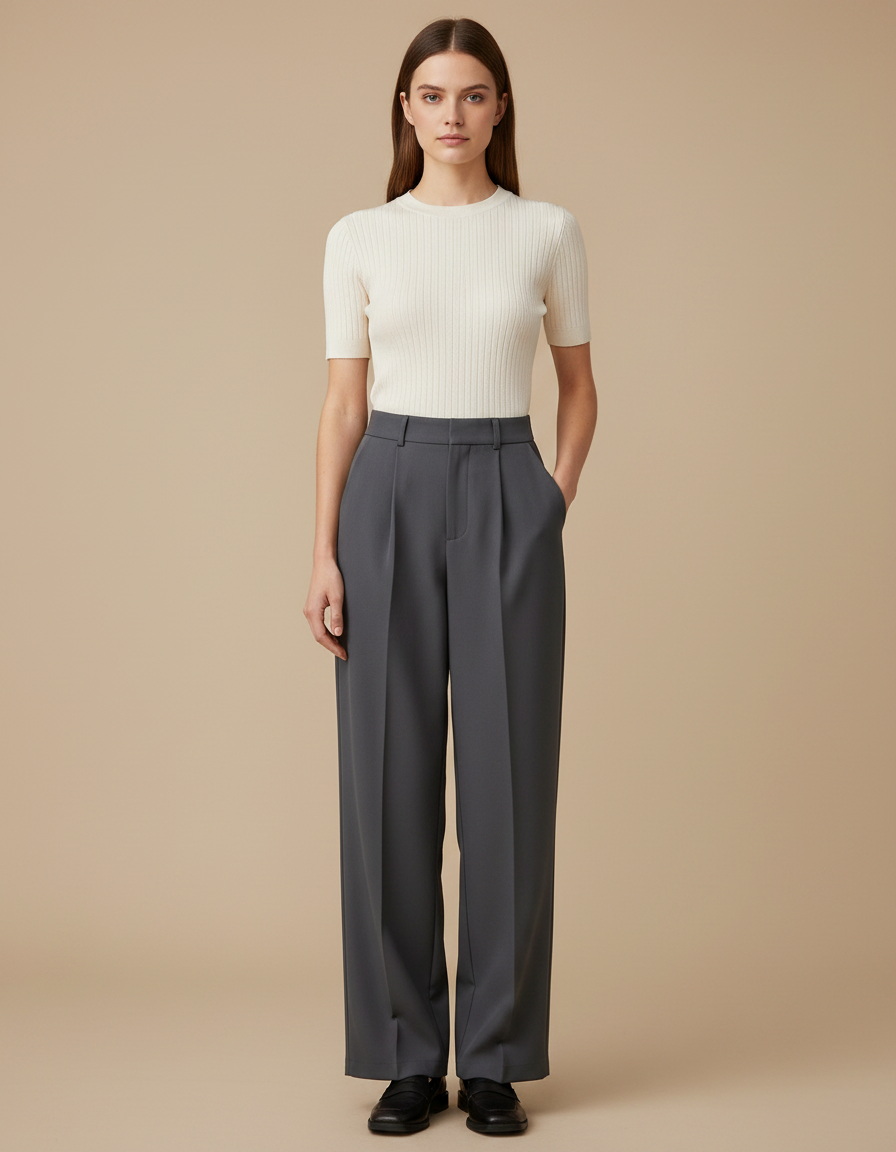 Pantalon À Pince Gris Anthracite Ample Plissé Fluide Femme - Gabardine