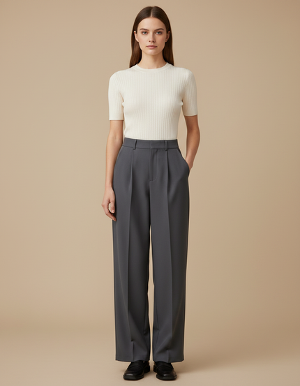 Pantalon À Pince Gris Anthracite Ample Plissé Fluide Femme - Gabardine