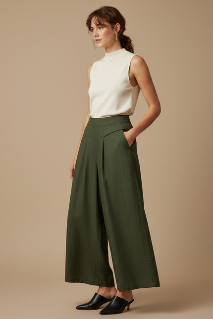 Pantalon À Pince Vert Ample Plissé Taille Haute Femme - Kaki Gabardine