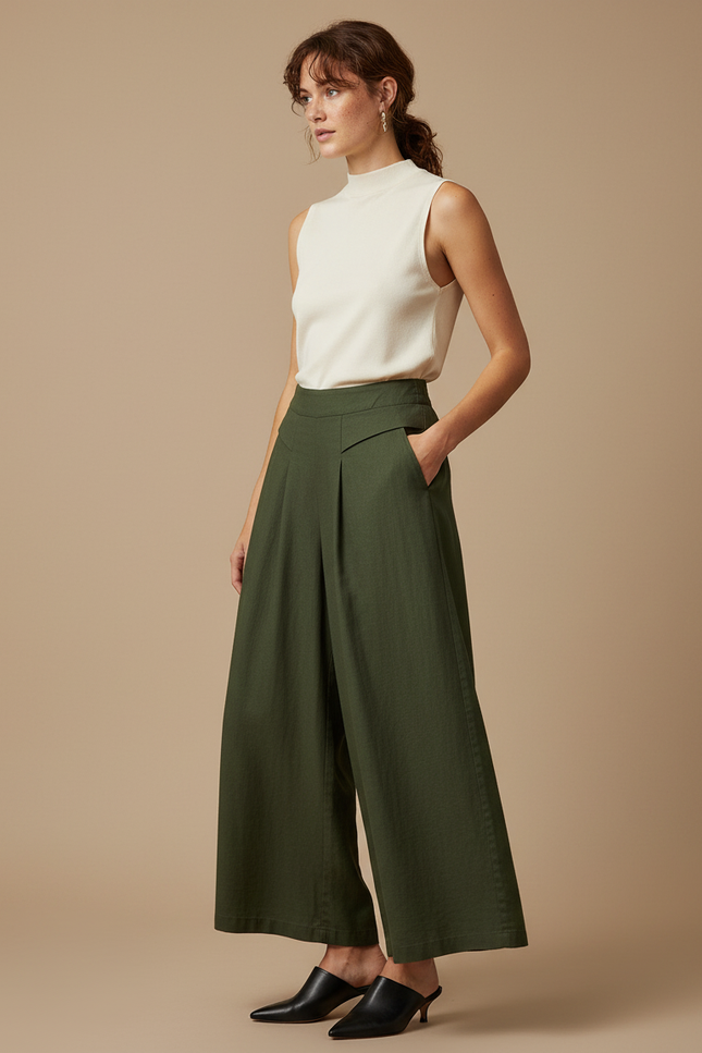 Pantalon À Pince Vert Ample Plissé Taille Haute Femme - Kaki Gabardine