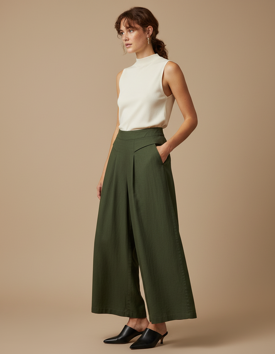 Pantalon À Pince Vert Ample Plissé Taille Haute Femme - Kaki Gabardine