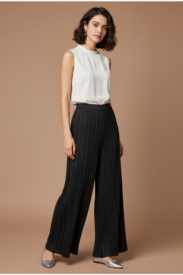 Pantalon À Pince Plissé Noir Ample Fluide Élégant - Polyester