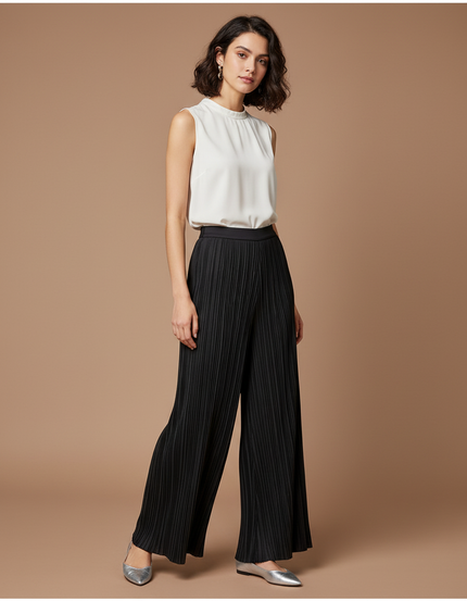 Pantalon À Pince Plissé Noir Ample Fluide Élégant - Polyester