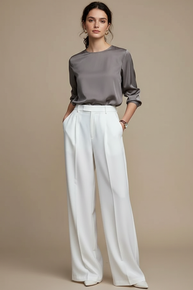 Pantalon À Pince Blanc Plissé Ample Élégant Fluide - Viscose