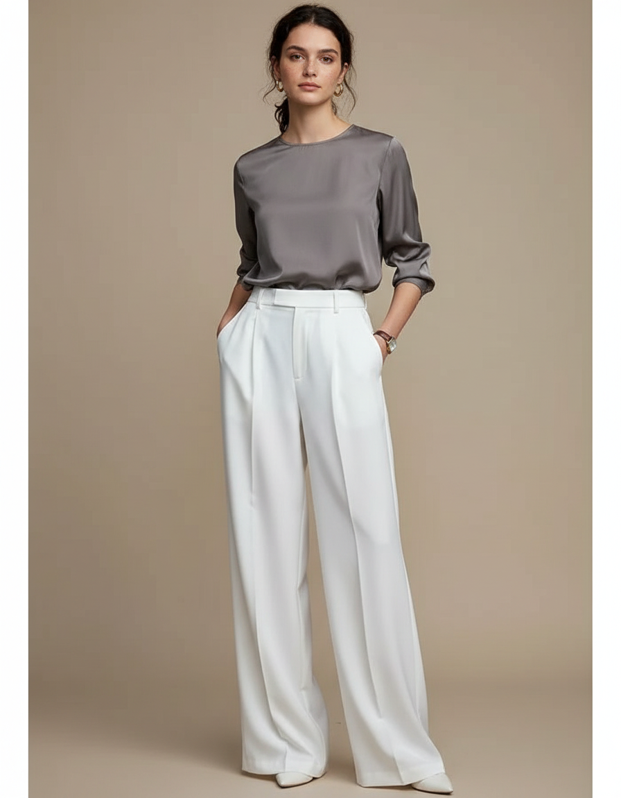 Pantalon À Pince Blanc Plissé Ample Élégant Fluide - Viscose