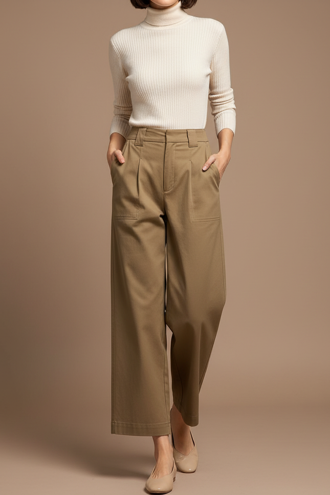 Pantalon À Pince Kaki Coton Ample Décontracté Femme