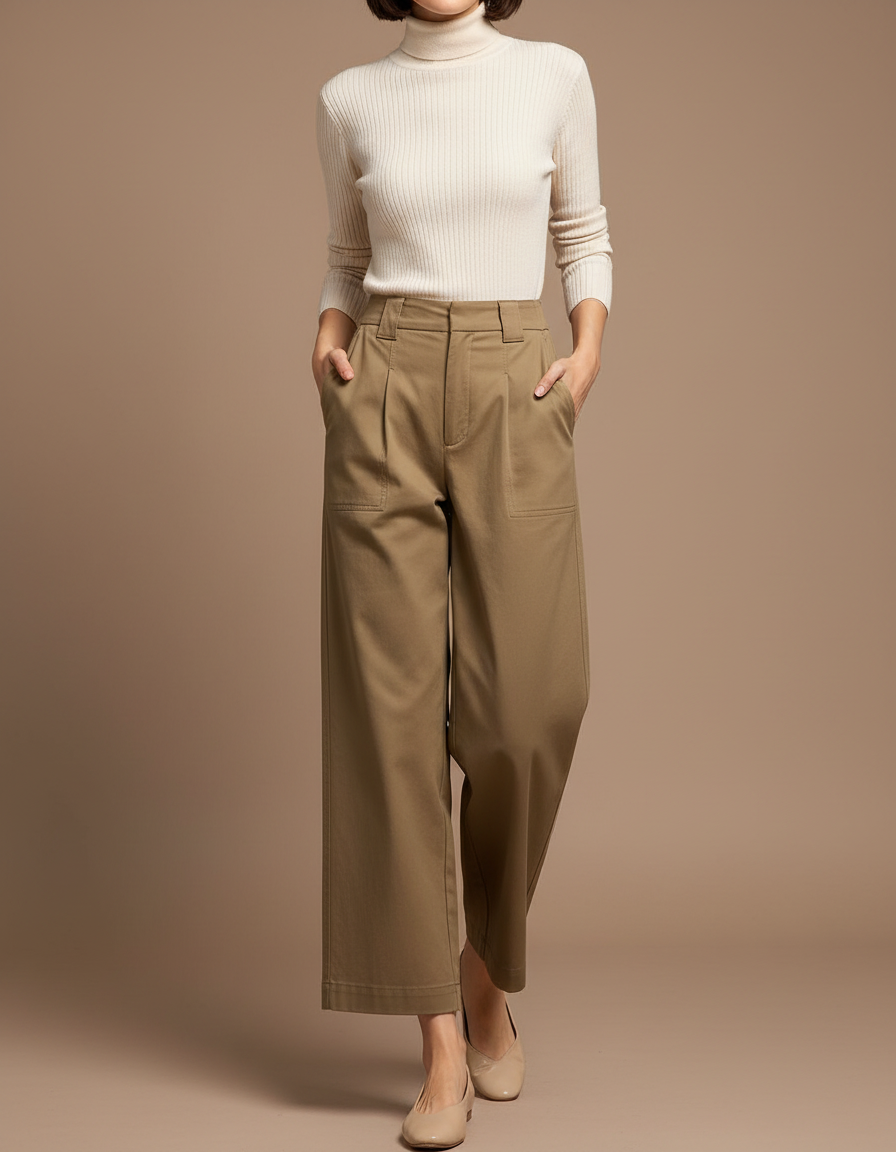 Pantalon À Pince Kaki Coton Ample Décontracté Femme