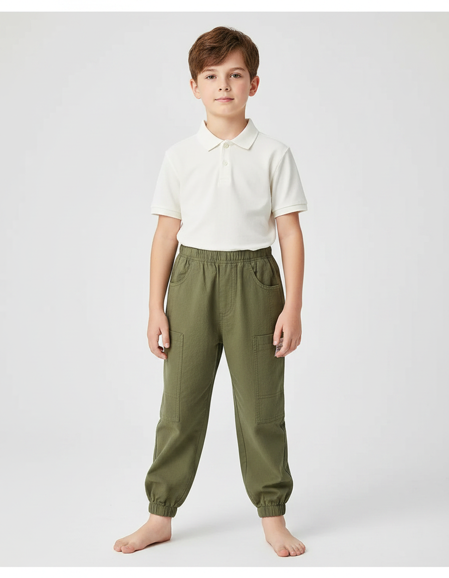Pantalon À Pince Kaki Cargo Ample Coton Garçon