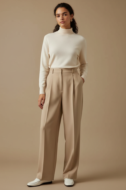 Pantalon À Pince Beige Plissé Ample Chic Élégant - Gabardine