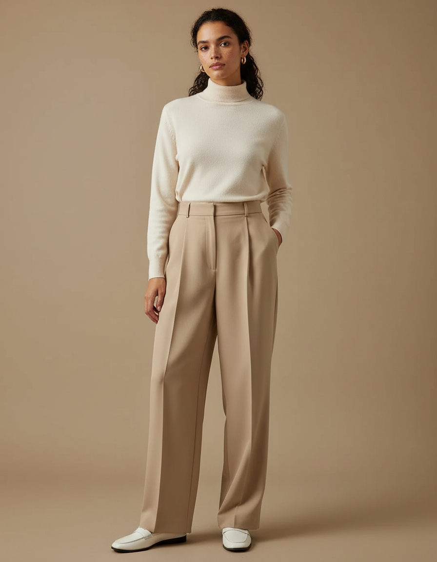 Pantalon À Pince Beige Plissé Ample Chic Élégant - Gabardine
