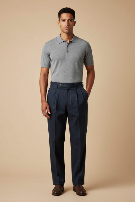 Pantalon À Pince Bleu Marine Plissé Droit Homme - Gabardine
