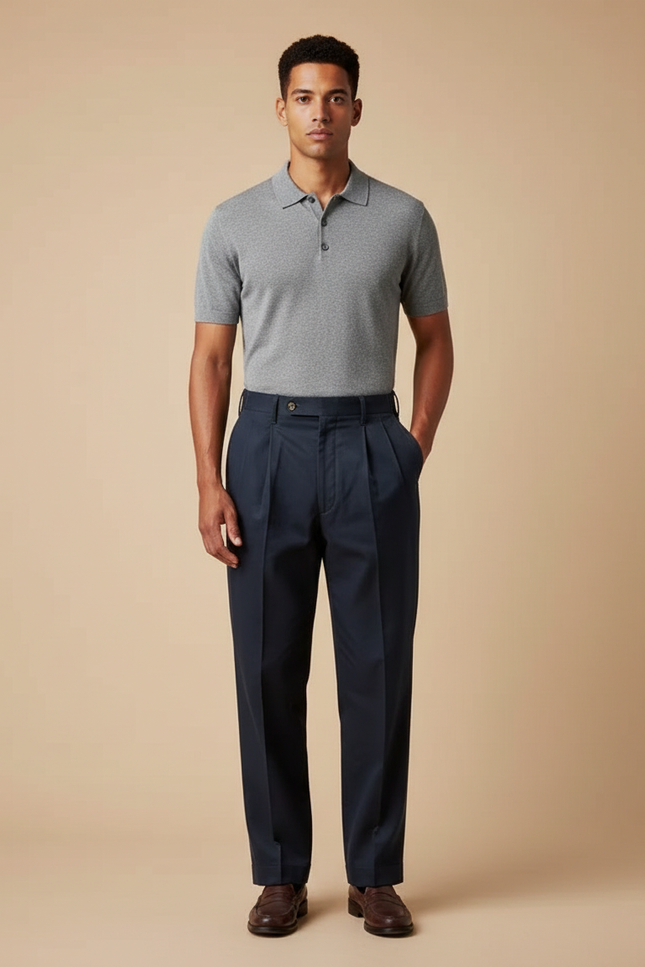 Pantalon À Pince Bleu Marine Plissé Droit Homme - Gabardine