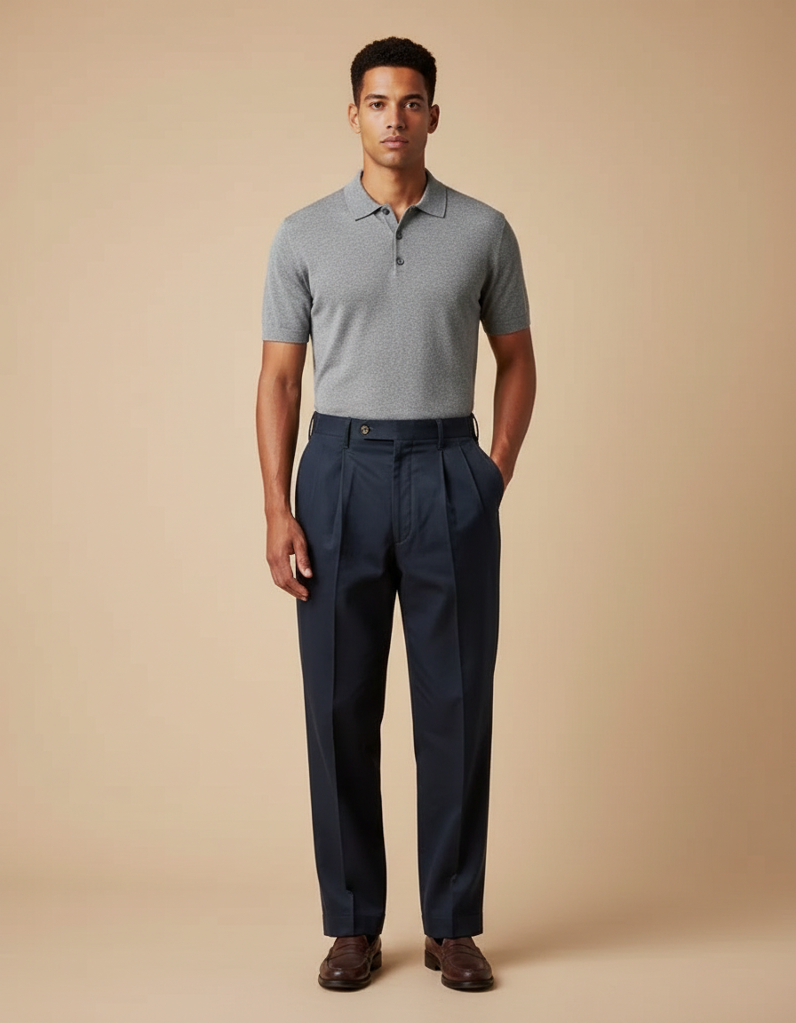 Pantalon À Pince Bleu Marine Plissé Droit Homme - Gabardine