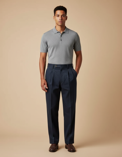 Pantalon À Pince Bleu Marine Plissé Droit Homme - Gabardine