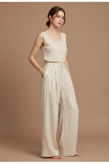 Pantalon À Pince Beige Lin Ample Plissé Décontracté Femme