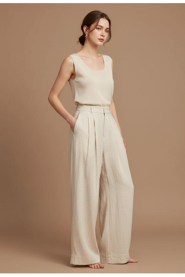 Pantalon À Pince Beige Lin Ample Plissé Décontracté Femme